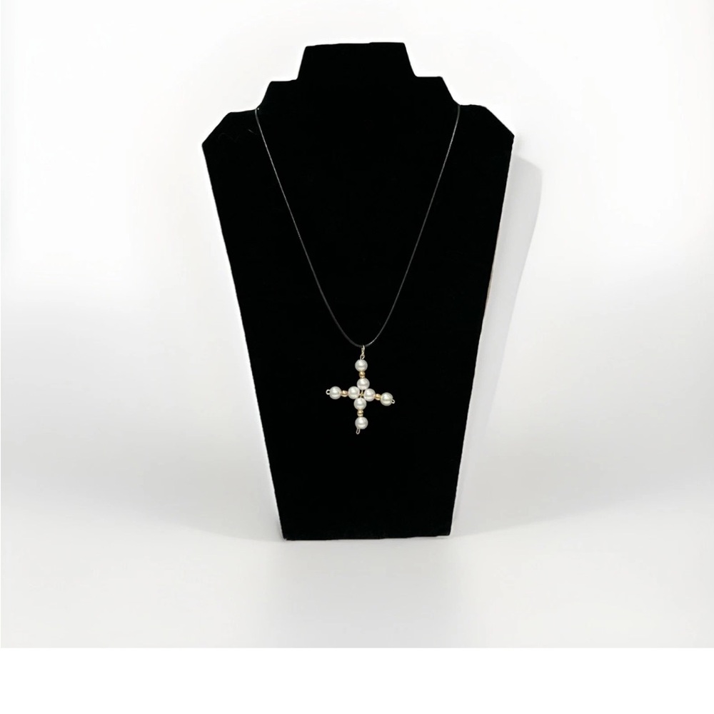 Pendant Handmade White and Gold beaded cross necklace.  religious Jewelry